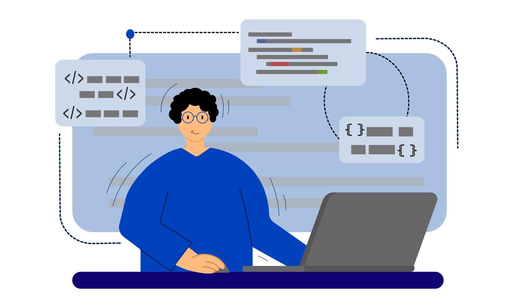 Male programmer.  A person is working at a computer. vector