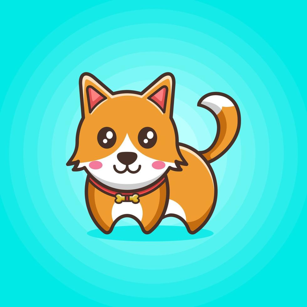 Lindo perro o cachorro naranja con cara sonriente y collar de huesos con fondo azul. vector