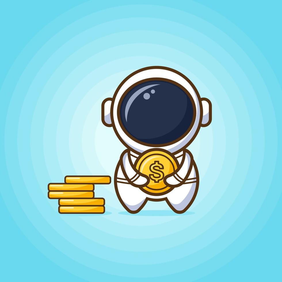 Lindo astronauta sosteniendo una moneda grande y de pie junto a un montón de monedas en fondo azul. vector