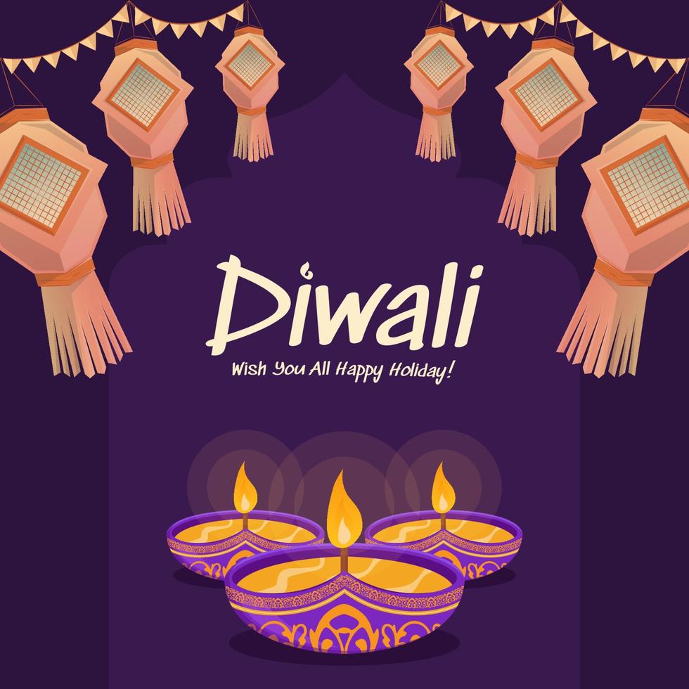 Happy diwali design with diya oil lamp elements on purple background, bokeh sparkling effect, Diwali celebration greeting card. vector
