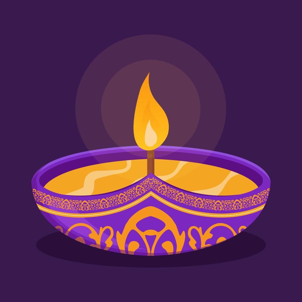 diseño de feliz diwali con elementos de lámpara de aceite diya sobre fondo púrpura, efecto bokeh brillante, tarjeta de felicitación de celebración de diwali. vector