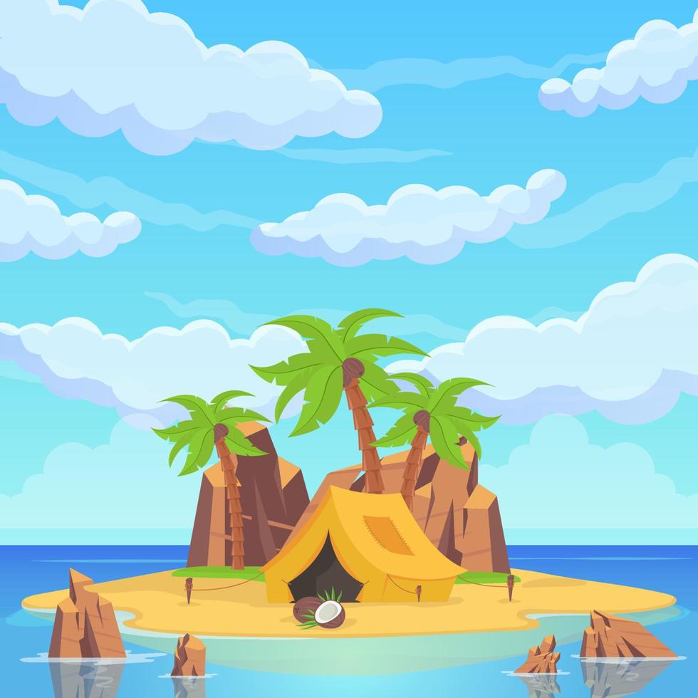 Tropical Island Among the Sea. Palm Trees, Sandy Beaches, Rocks, Statues, Tents and Ritual Houses. Sea Beach Beautiful Landscape vector