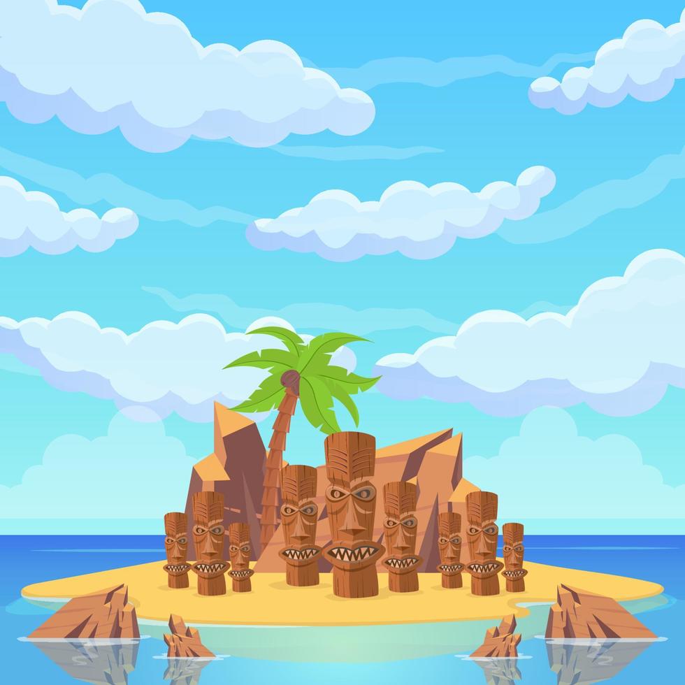 isla tropical entre el mar. palmeras, playas de arena, rocas, estatuas, carpas y casas rituales. mar playa hermoso paisaje vector