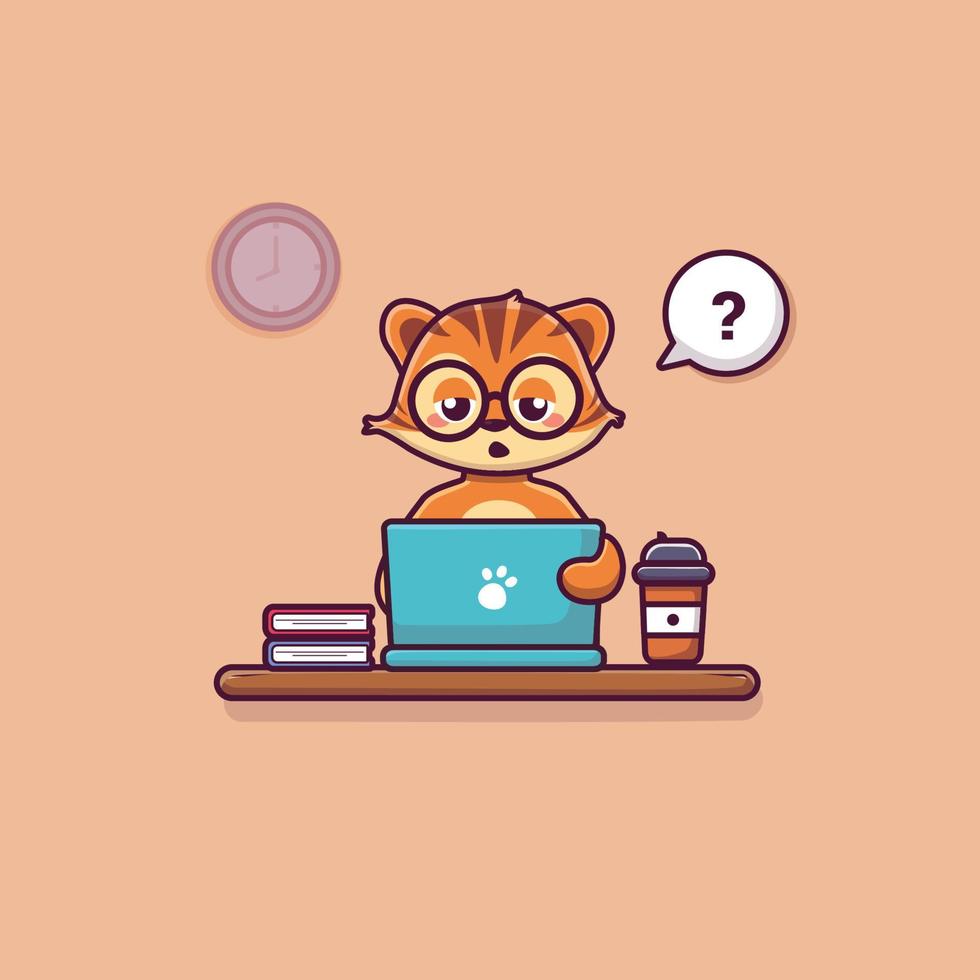 Cute tiger working on laptop cartoon vector icon illustration. animal technology icon concept isolated