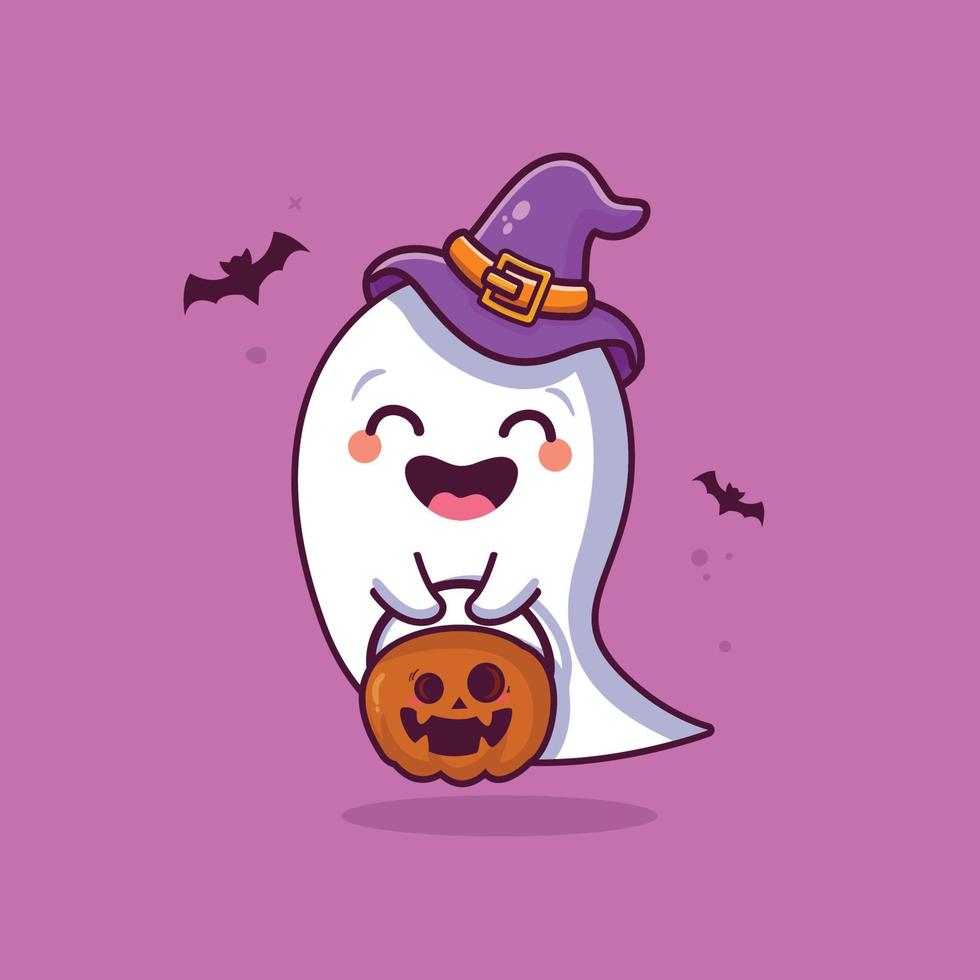 fantasma lindo con ilustración de dibujos animados de calabaza vector