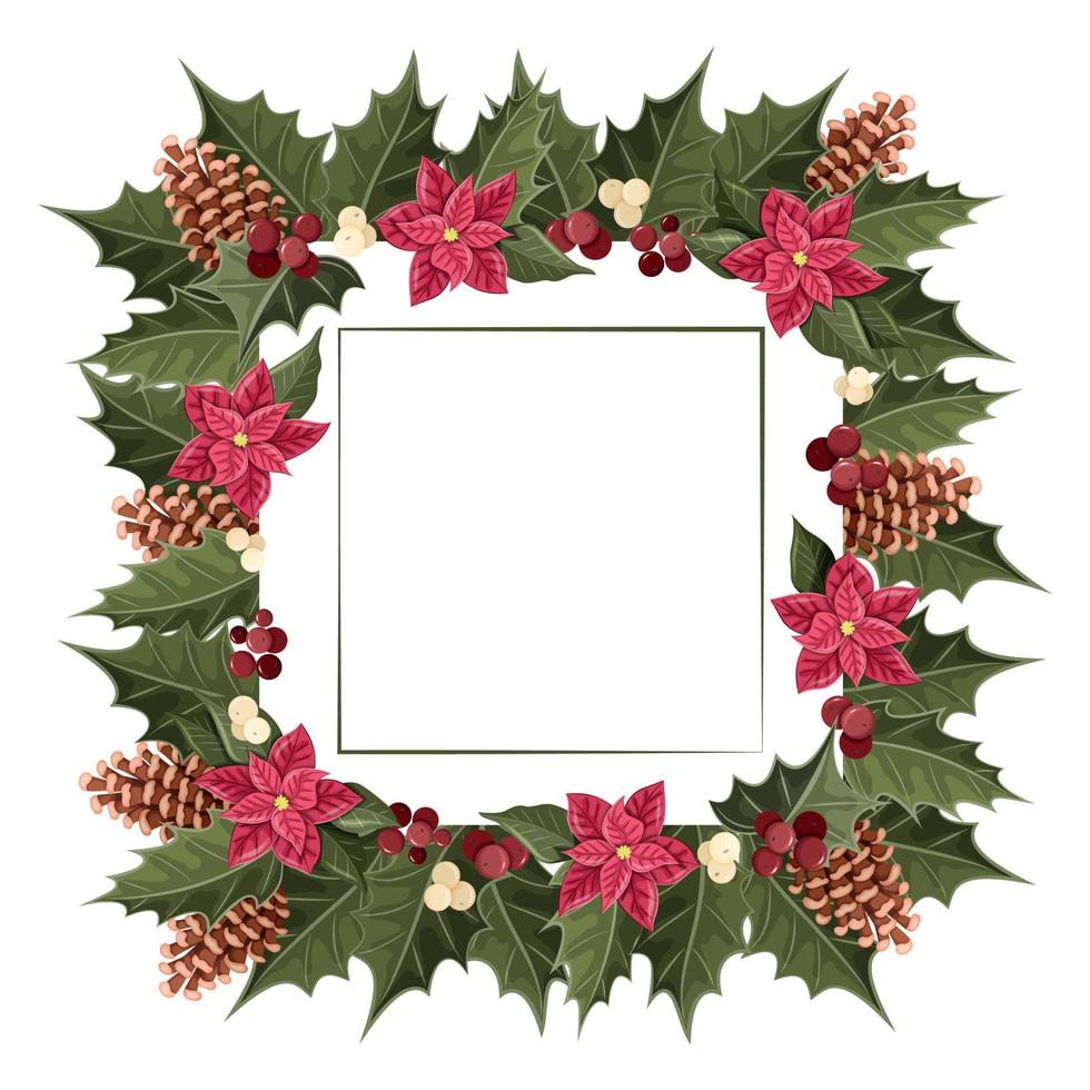 Frame with Christmas elements. Empty space for the text. Cones, poinsettia, holly. Nature design. Greeting card, poster template. vector