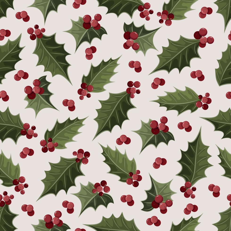 New Year's seamless pattern with holly leaves and berries. Christmas design. vector