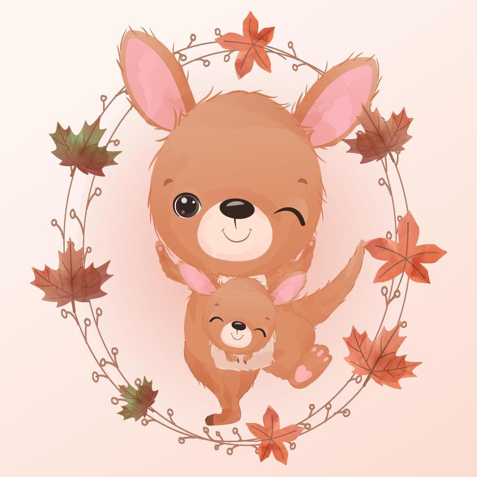 Adorable kangaroo mom and baby for autumn illustration vector
