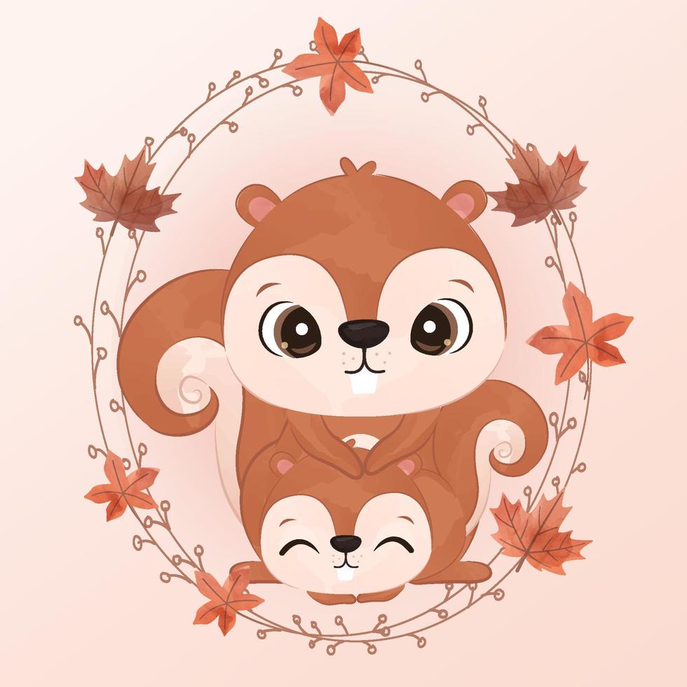 Adorable squirrel mom and baby for autumn illustration vector