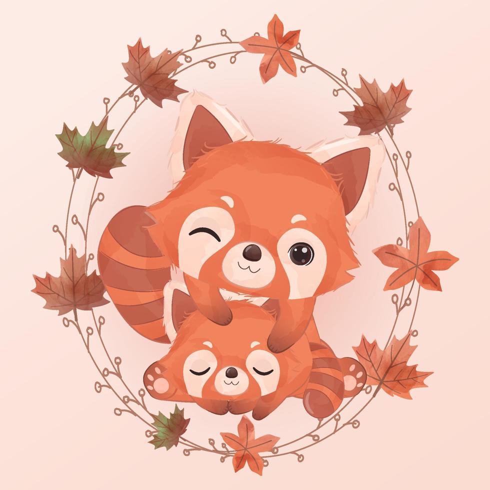 adorable panda rojo mamá y bebé para la ilustración de otoño vector