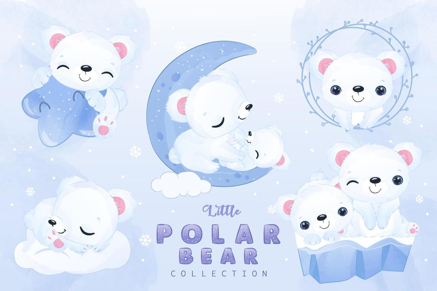Cute little polar bear clipart collection in watercolor illustration vector