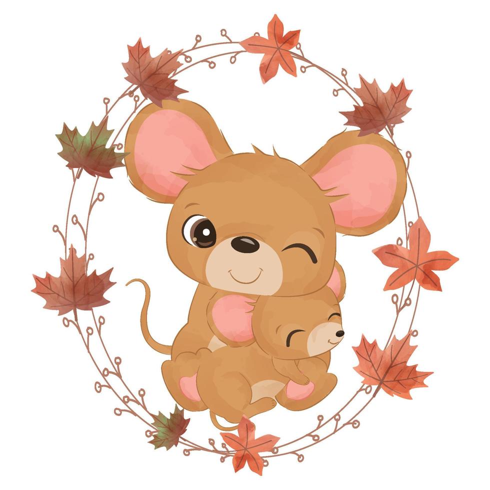 Adorable mice mom and baby for autumn illustration vector