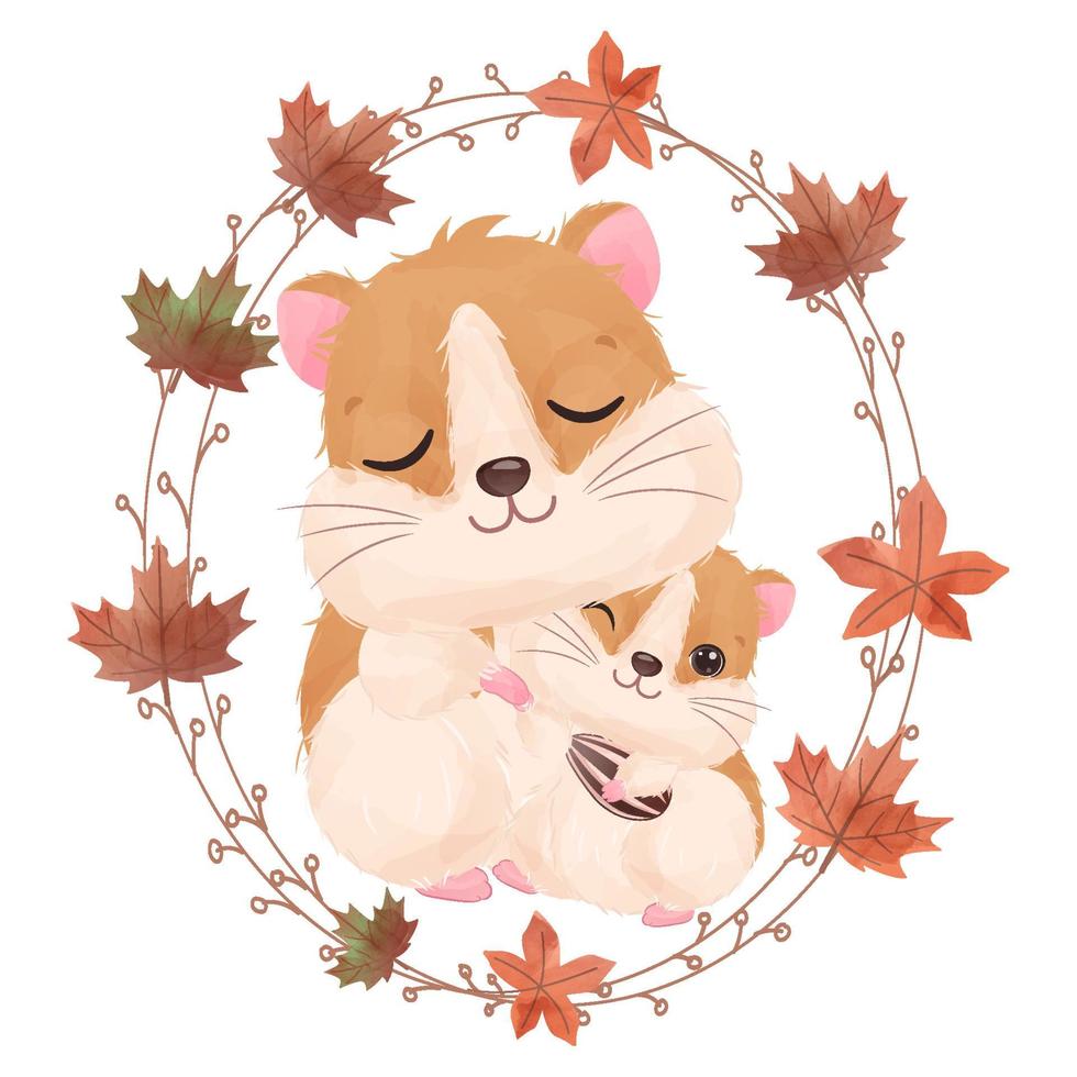 adorable hámster mamá y bebé para la ilustración de otoño vector
