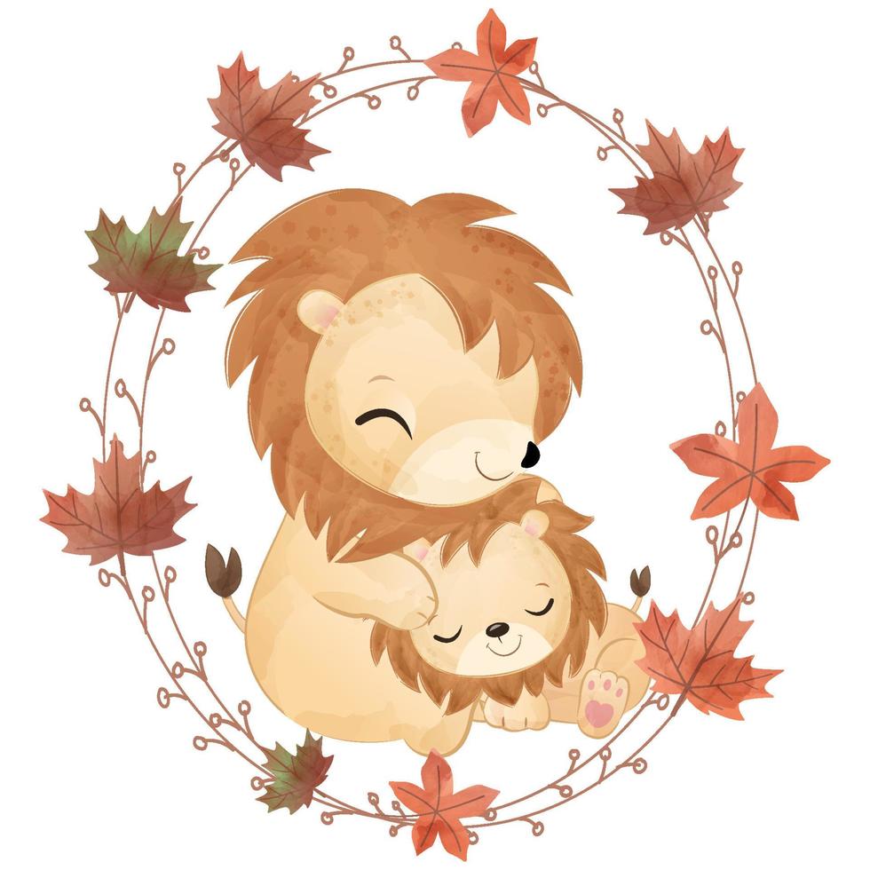 adorable león mamá y bebé para la ilustración de otoño vector