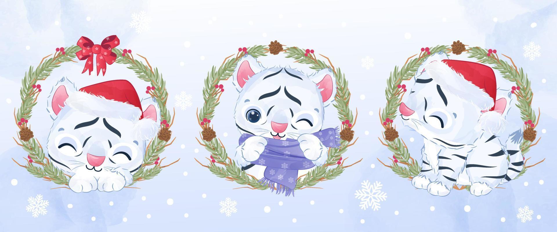 Cute little white tiger illustration for christmas decoration vector