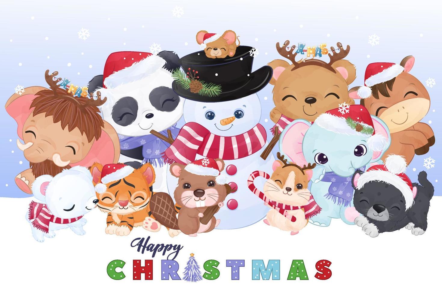 Cute animals in watercolor illustration for christmas decoration vector