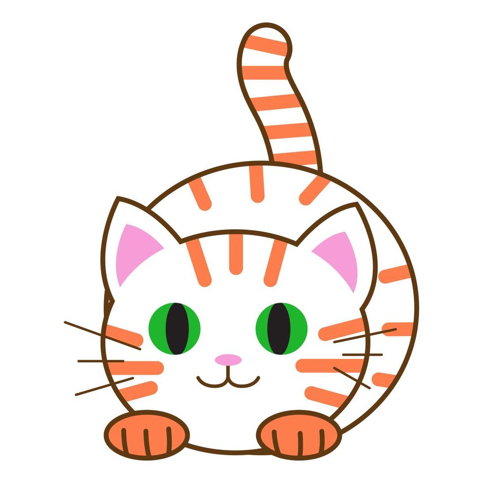 gato de divertidos dibujos animados, Ilustración de vector lindo en estilo plano. gato blanco y naranja. gatito gordo sonriente. impresión positiva para calcomanías, tarjetas, ropa, textiles, diseño y decoración