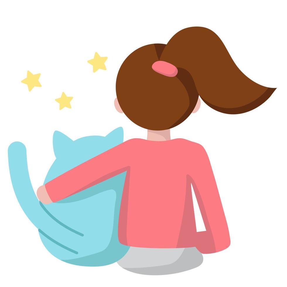 niña de divertidos dibujos animados y su gato sentado y mirando a las estrellas. vista trasera. Ilustración de estilo plano para paquete de pegatinas, emoji. mejores amigos, concepto de mascotas en casa. impresión para textil, pancarta, tarjetas, decoración vector