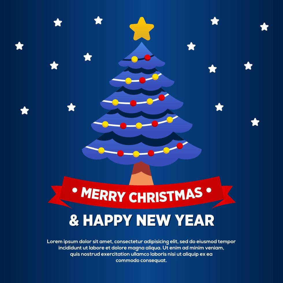 feliz navidad y próspero año nuevo saludo, plantilla de banner con árbol de navidad vector