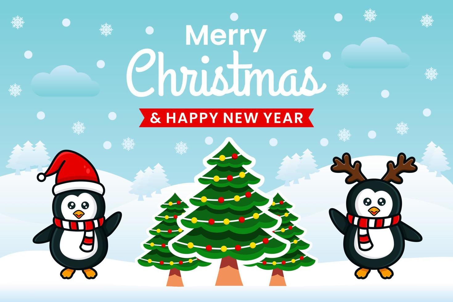 feliz navidad y próspero año nuevo plantilla de banner con pingüinos vector