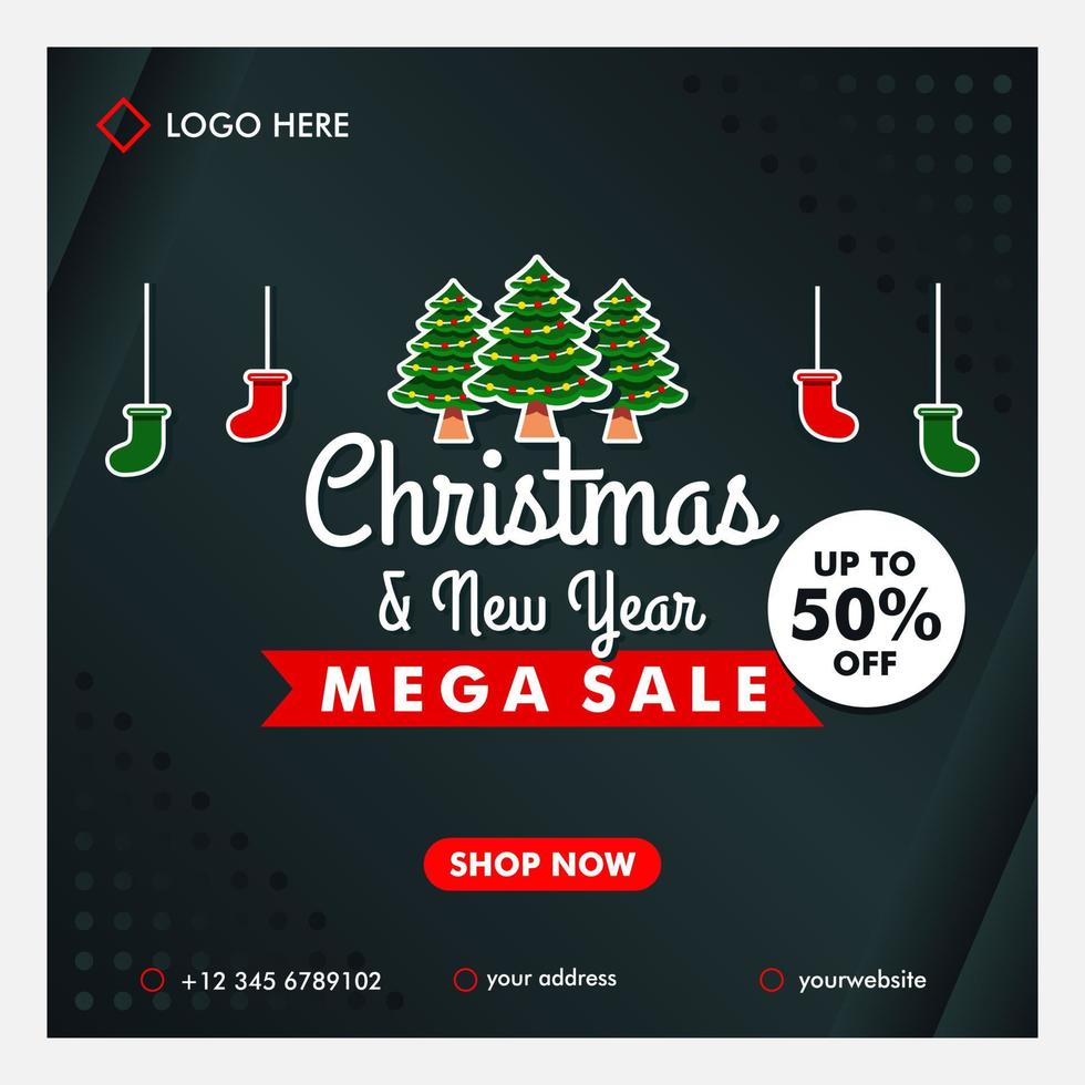 Banner de mega venta de navidad y año nuevo con plantilla de fondo negro vector