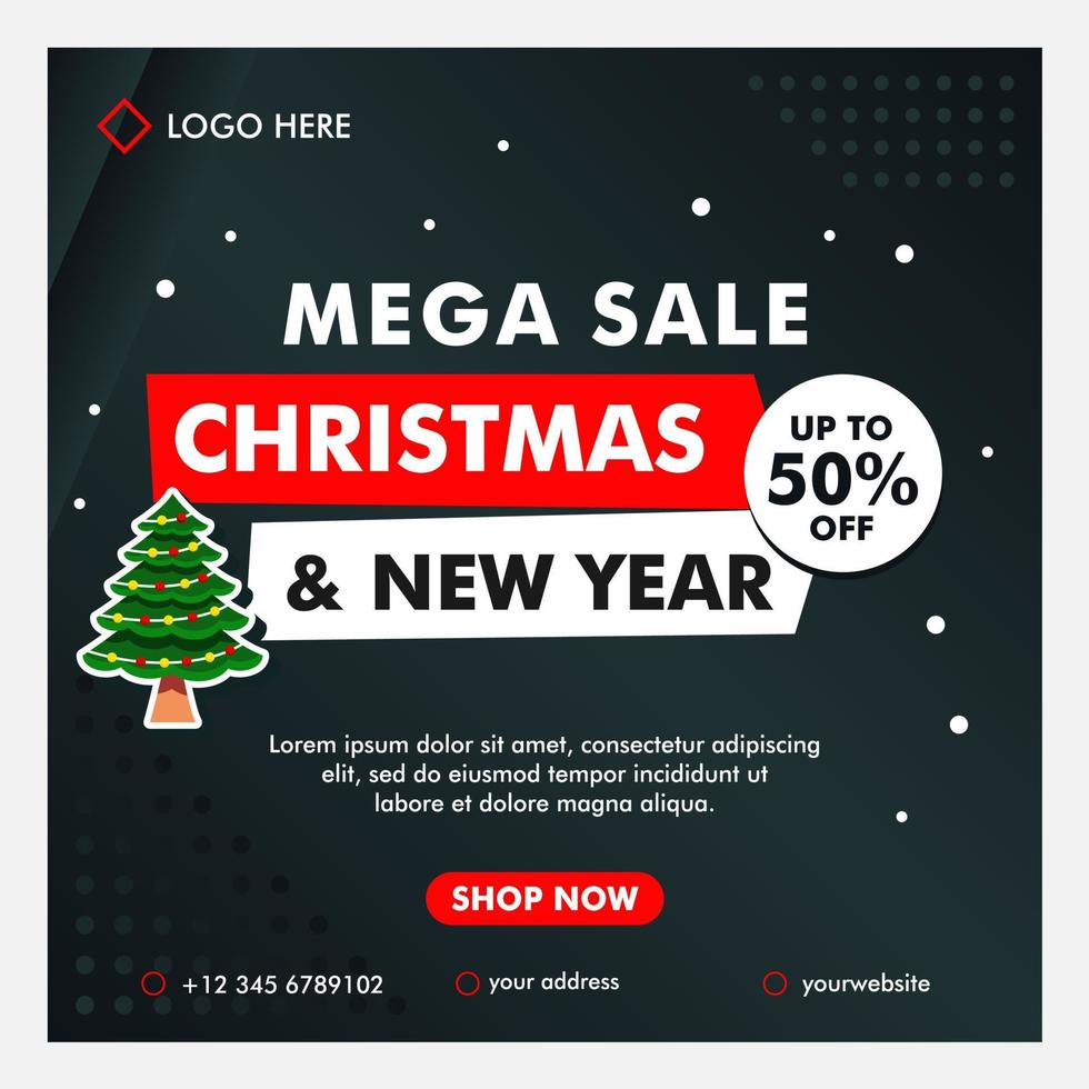 Banner de mega venta de navidad y año nuevo con plantilla de fondo negro vector