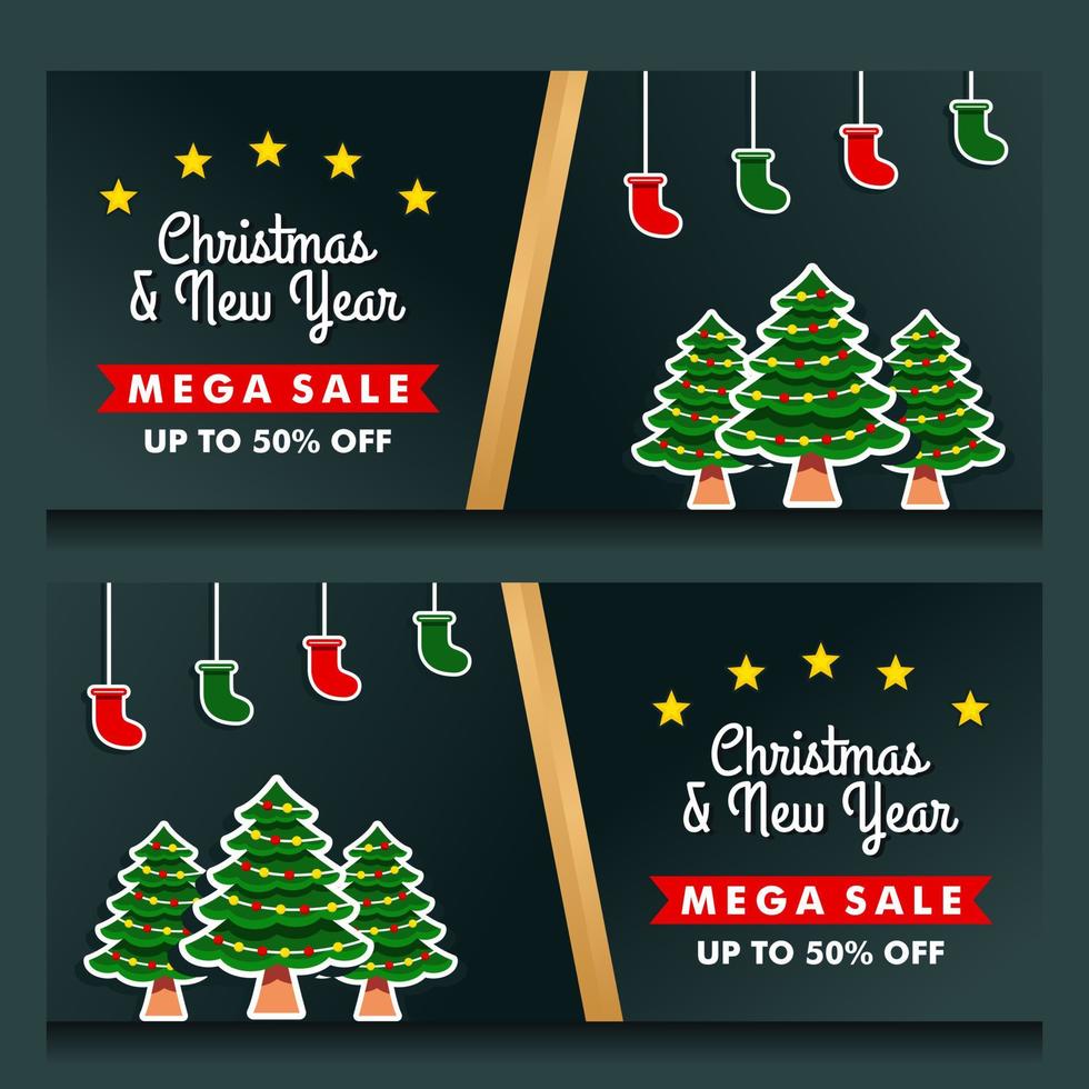 Banner de mega venta de navidad y año nuevo con plantilla de fondo negro vector