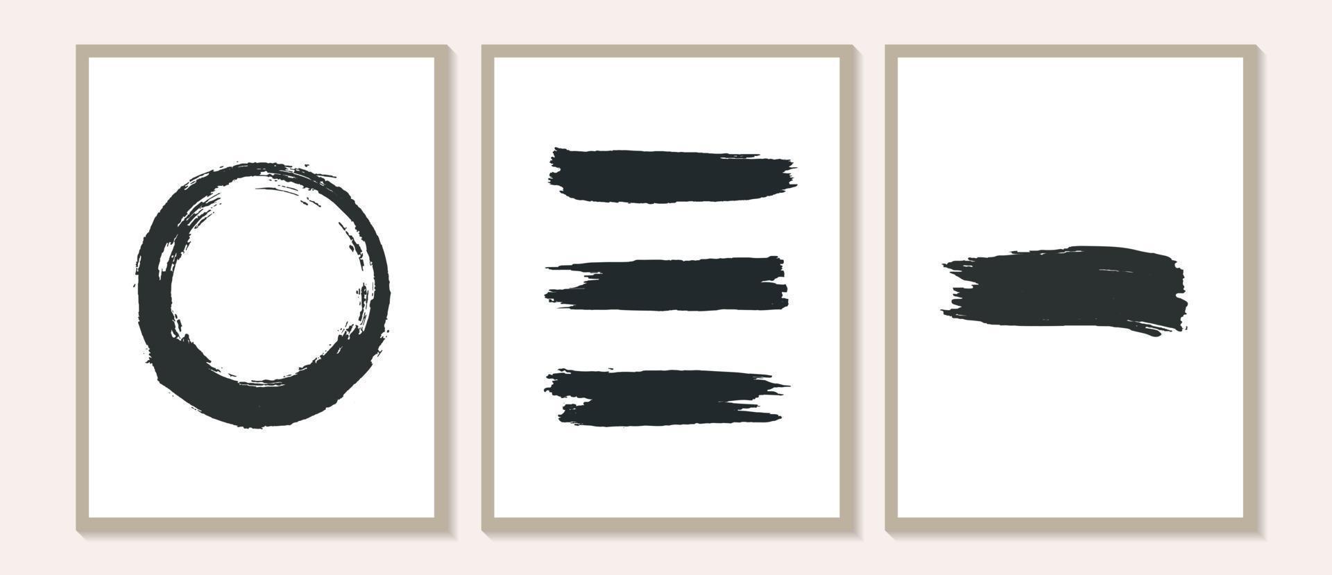Póster contemporáneo con formas orgánicas de trazos de pincel abstracto y arte de pared de líneas en blanco y negro. plantillas de líneas de tinta pastel. Fondo boho en ilustración de vector de estilo minimalista de mediados de siglo