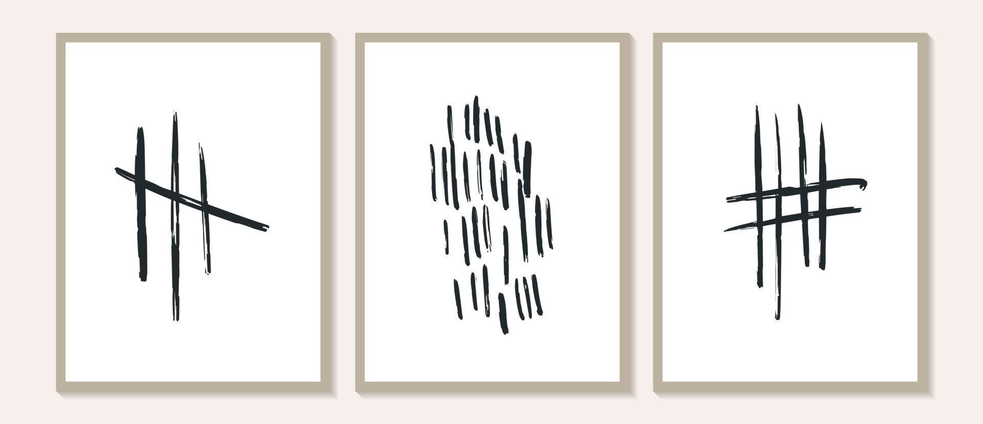 Póster contemporáneo con formas orgánicas de trazos de pincel abstracto y arte de pared de líneas en blanco y negro. plantillas de líneas de tinta pastel. Fondo boho en ilustración de vector de estilo minimalista de mediados de siglo