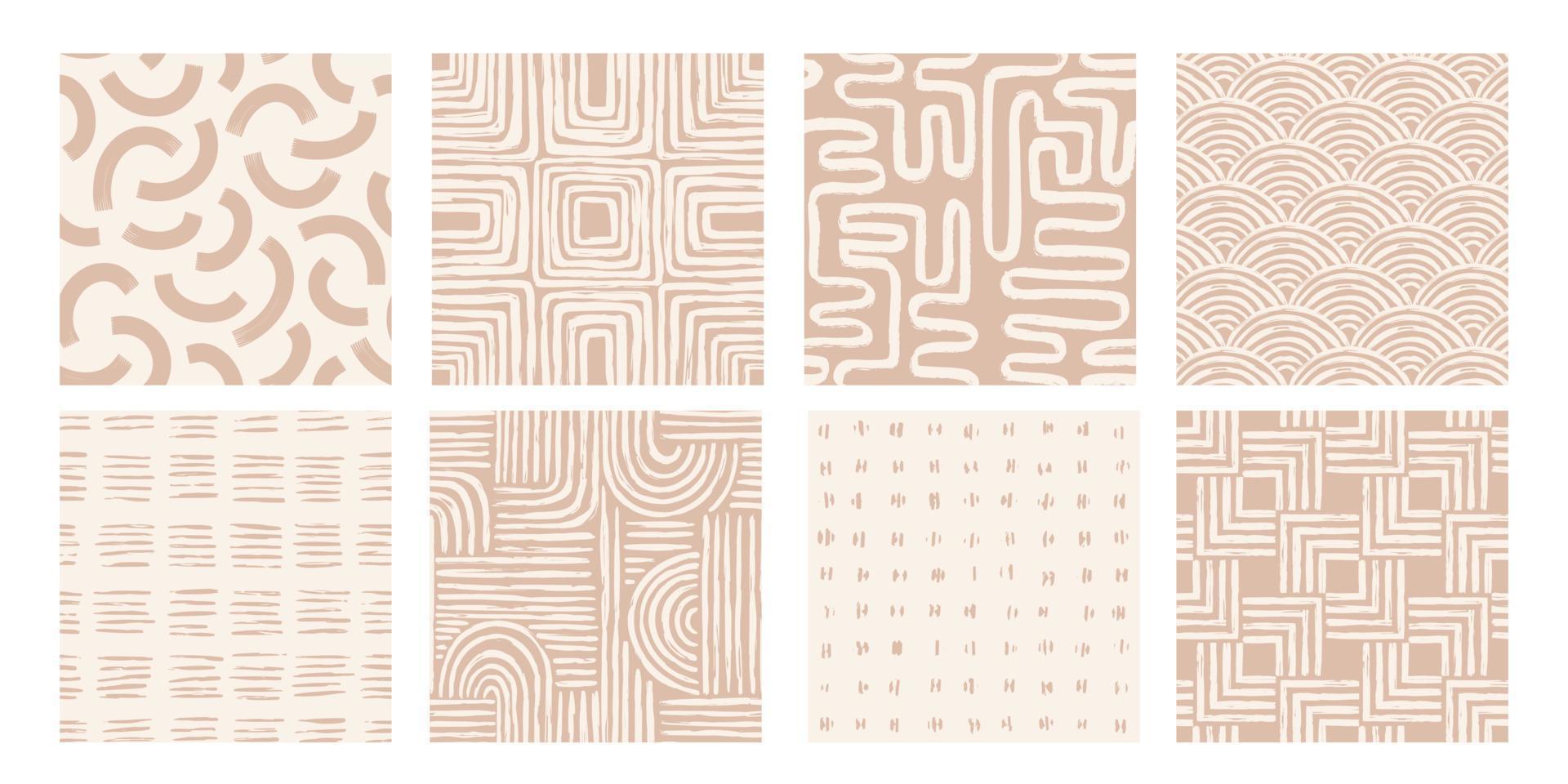 Set Aesthetic Contemporary printable seamless pattern with abstract line brush stroke shapes and line in nude colors. Pastel boho background in minimalist mid century style vector Illustration wall