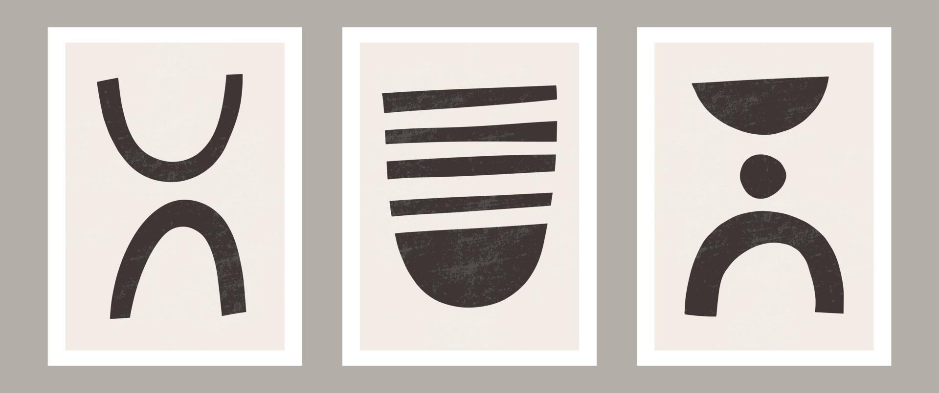 Trendy contemporary Abstract wall art, Set of 3 boho art prints, Minimal black shapes on beige. Creative Mid-century geometric minimalist artistic hand painted composition. Posters for wall decor vector