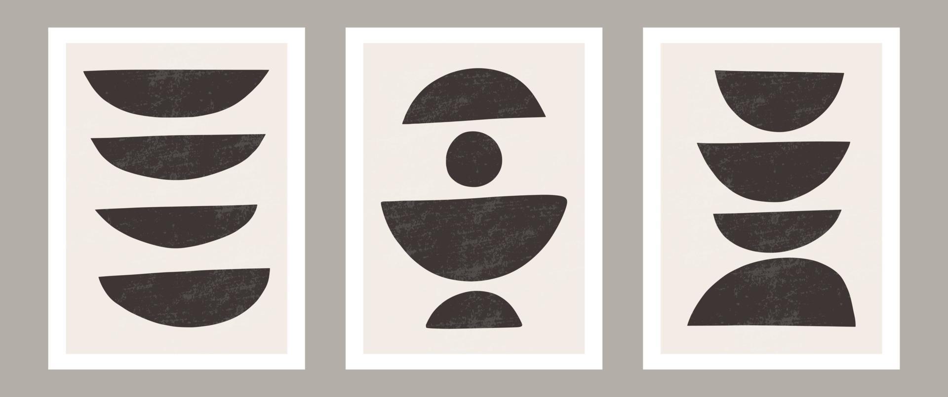 Trendy contemporary Abstract wall art, Set of 3 boho art prints, Minimal black shapes on beige. Creative Mid-century geometric minimalist artistic hand painted composition. Posters for wall decor vector