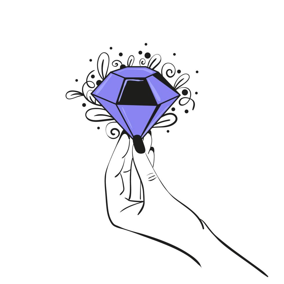 A female hand holds a purple crystal in boho style. Flat vector illustration of witch and magic.