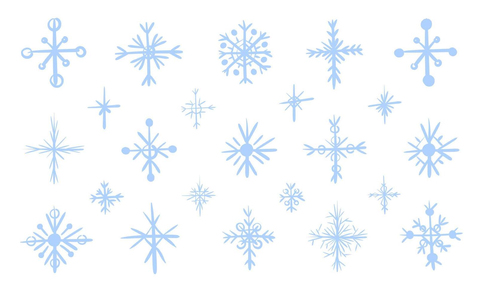 Set of hand-drawn vector snowflakes. Isolated flat illustration of decorative winter elements