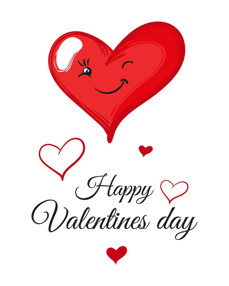 Happy valentines day greeting card with cartoon playful red heart character. Vector postcard