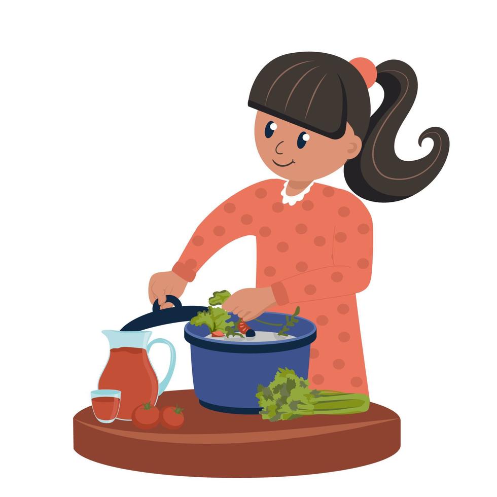 The child plays a childish game the cook prepares food. Cartoon vector illustration isolated