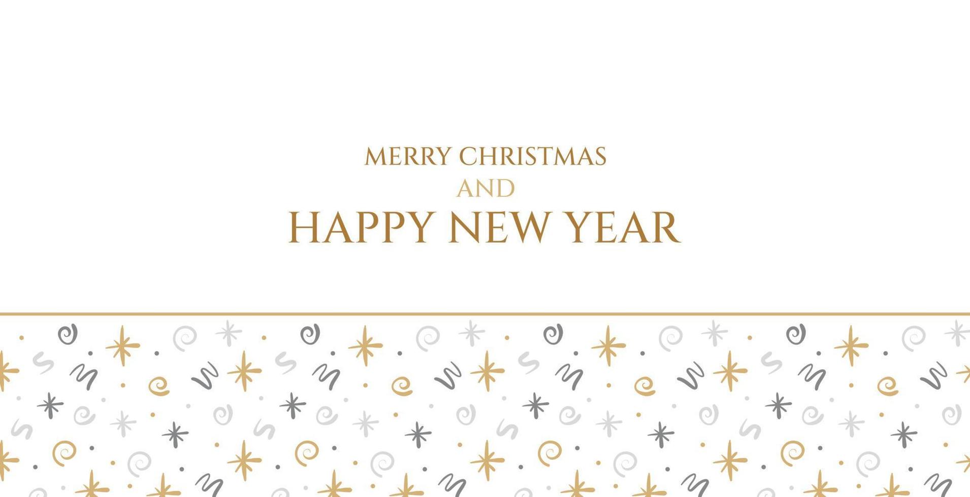 Elegant horizontal postcard Happy New Year and Merry Christmas. Flat vector greetings card with simple winter elements
