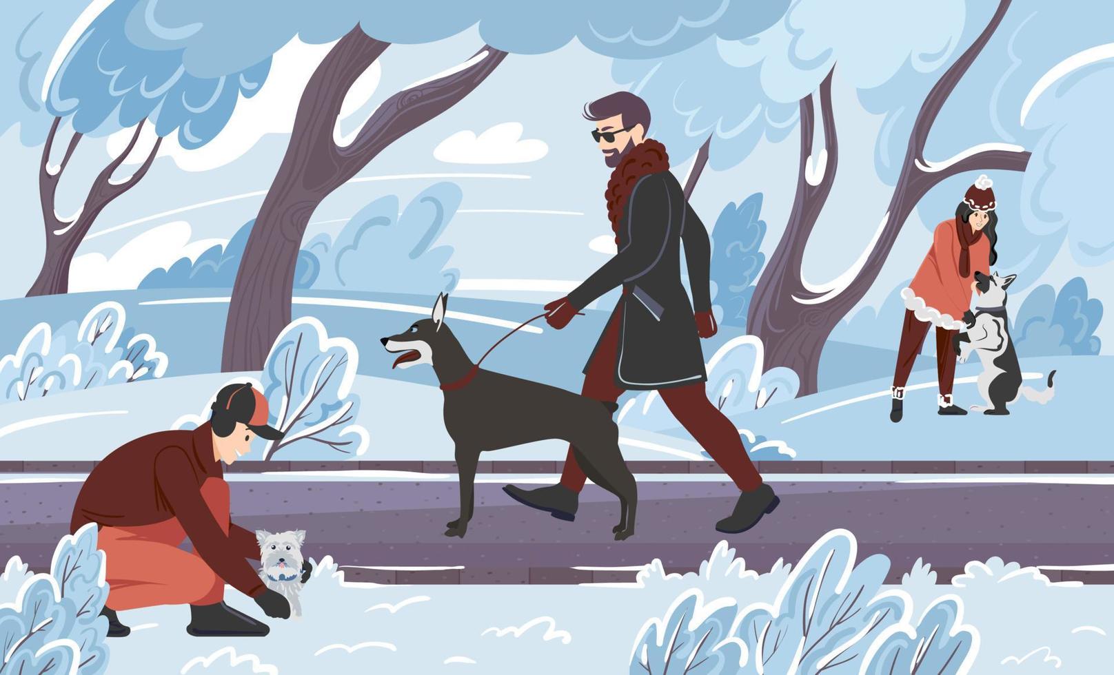 Young people walk their pets in the park in winter. Flat vector illustration of dogs and their owners outdoors