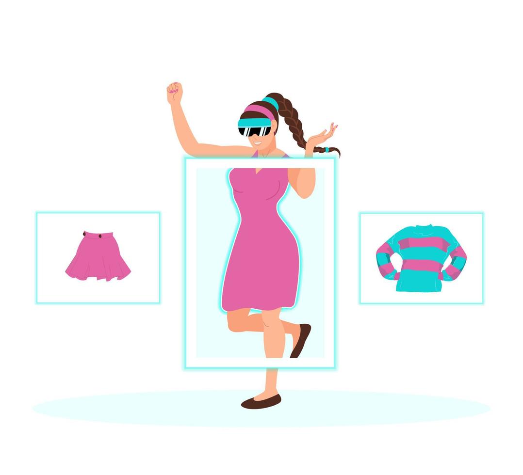 Young woman in virtual reality glasses try on clothes. Shopping of the future. Augmented reality fitting rooms. Flat isolated vector illustration