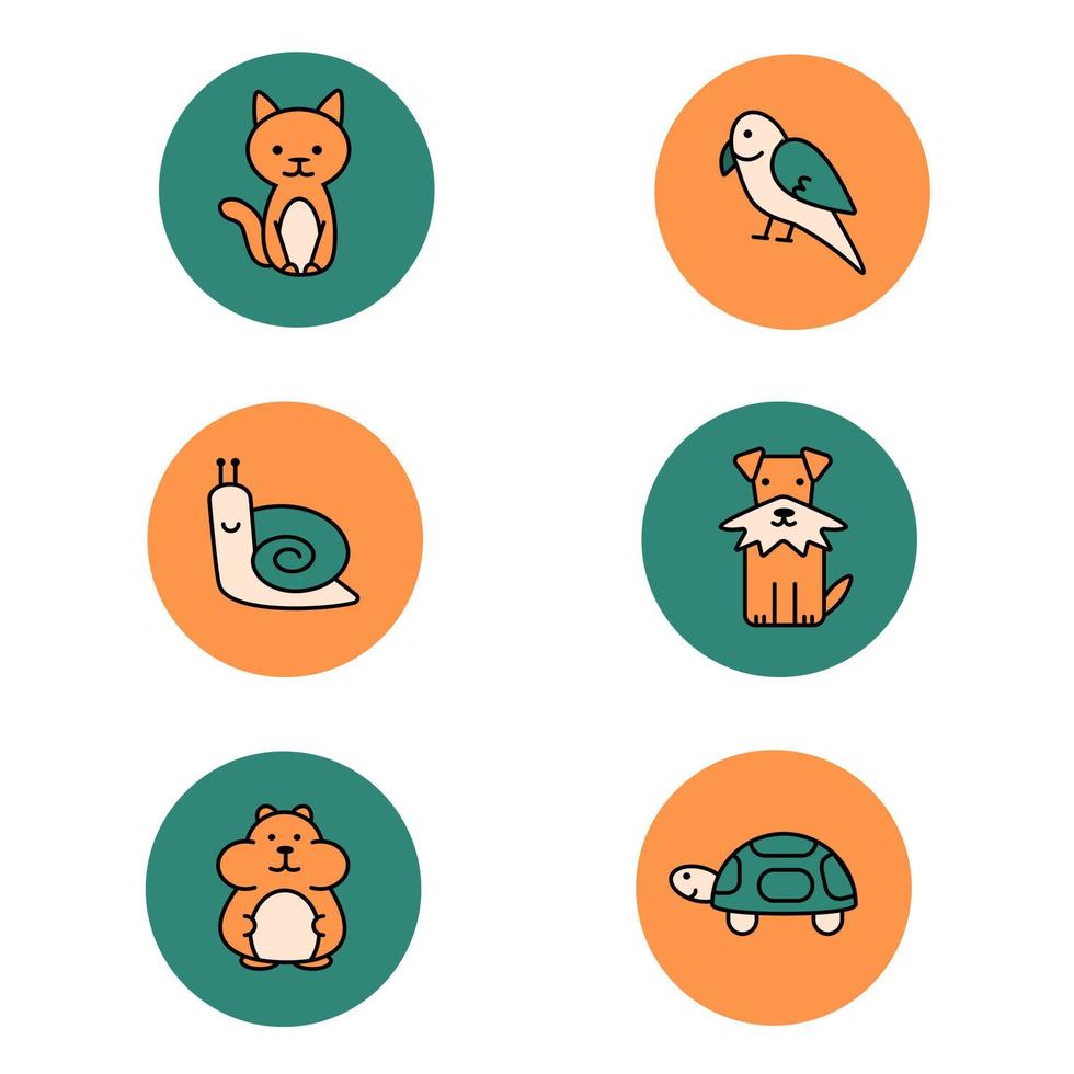 mascotas iconos de colores. hámster, gato, perro, pájaro, tortuga, caracol vector