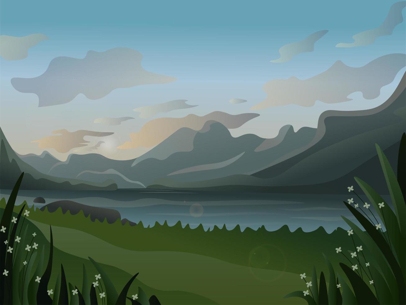 paisaje realista con montañas, río y campo. vector