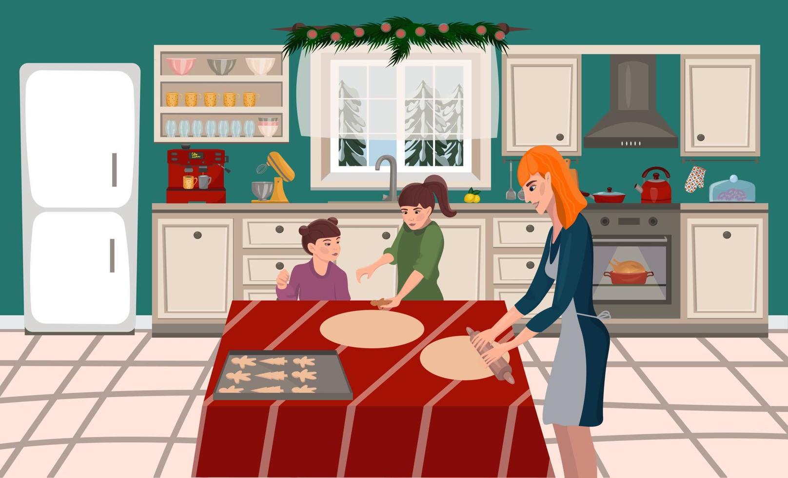 ChristmMom and children are preparing Christmas cookies in the kitchen. The turkey is baked in the oven. Kitchen interior in flat style. Vector illustration