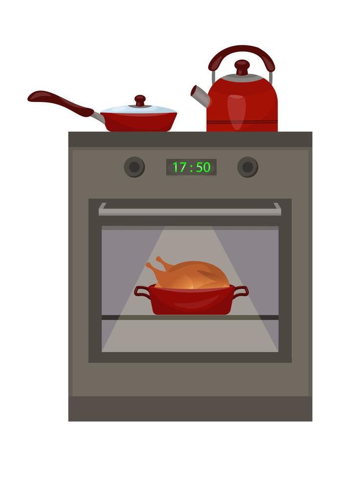 Kitchen stove. There is a red frying pan and a kettle on the stove. The turkey is baked in the oven. Vector illustration in flat cartoon style