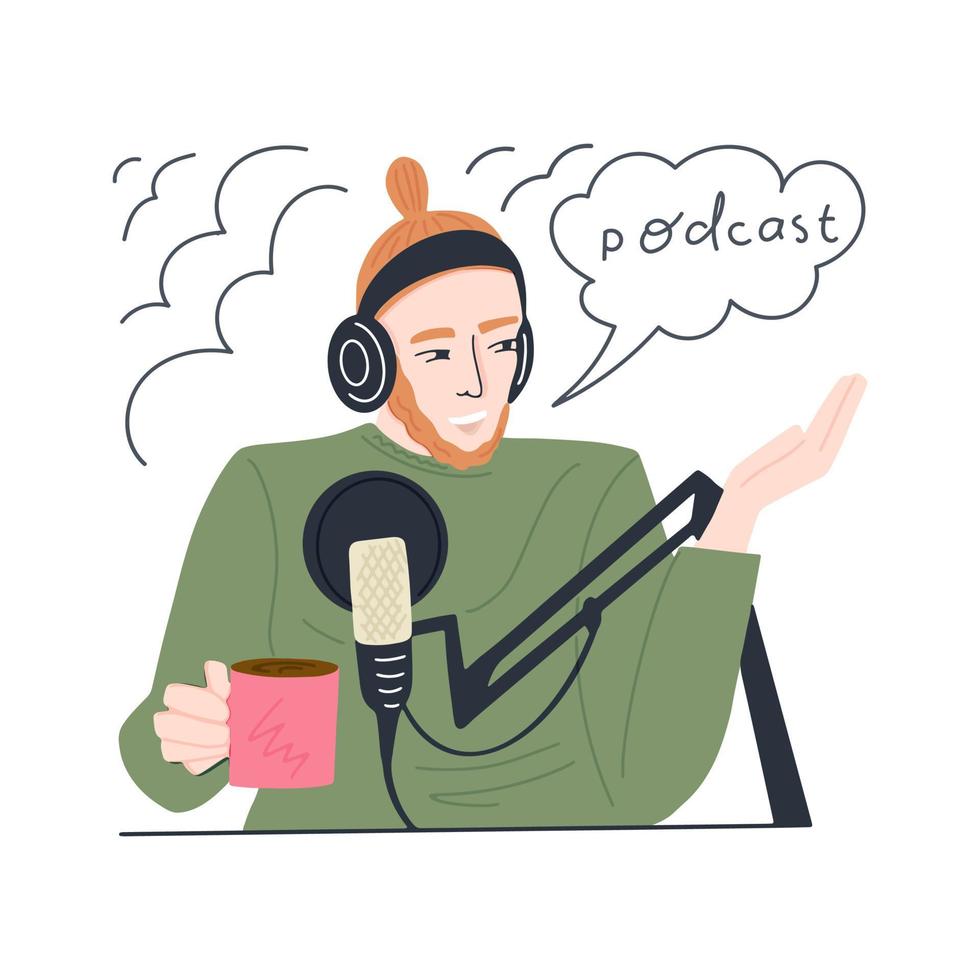 joven está grabando un podcast y tomando café. un tipo con auriculares y micrófono lee un podcast de audio. ilustración vectorial a la cintura vector