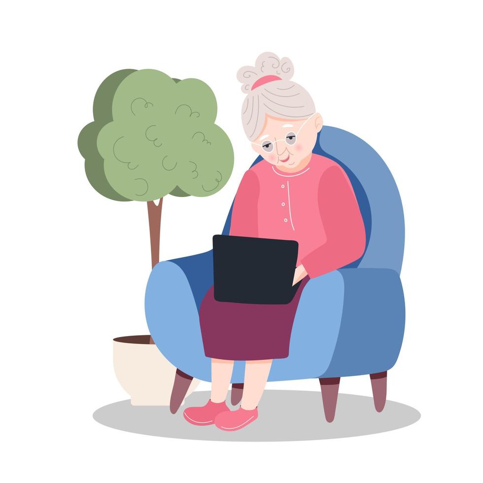 Happy grandmother sits in a chair at a laptop. Vector illustration