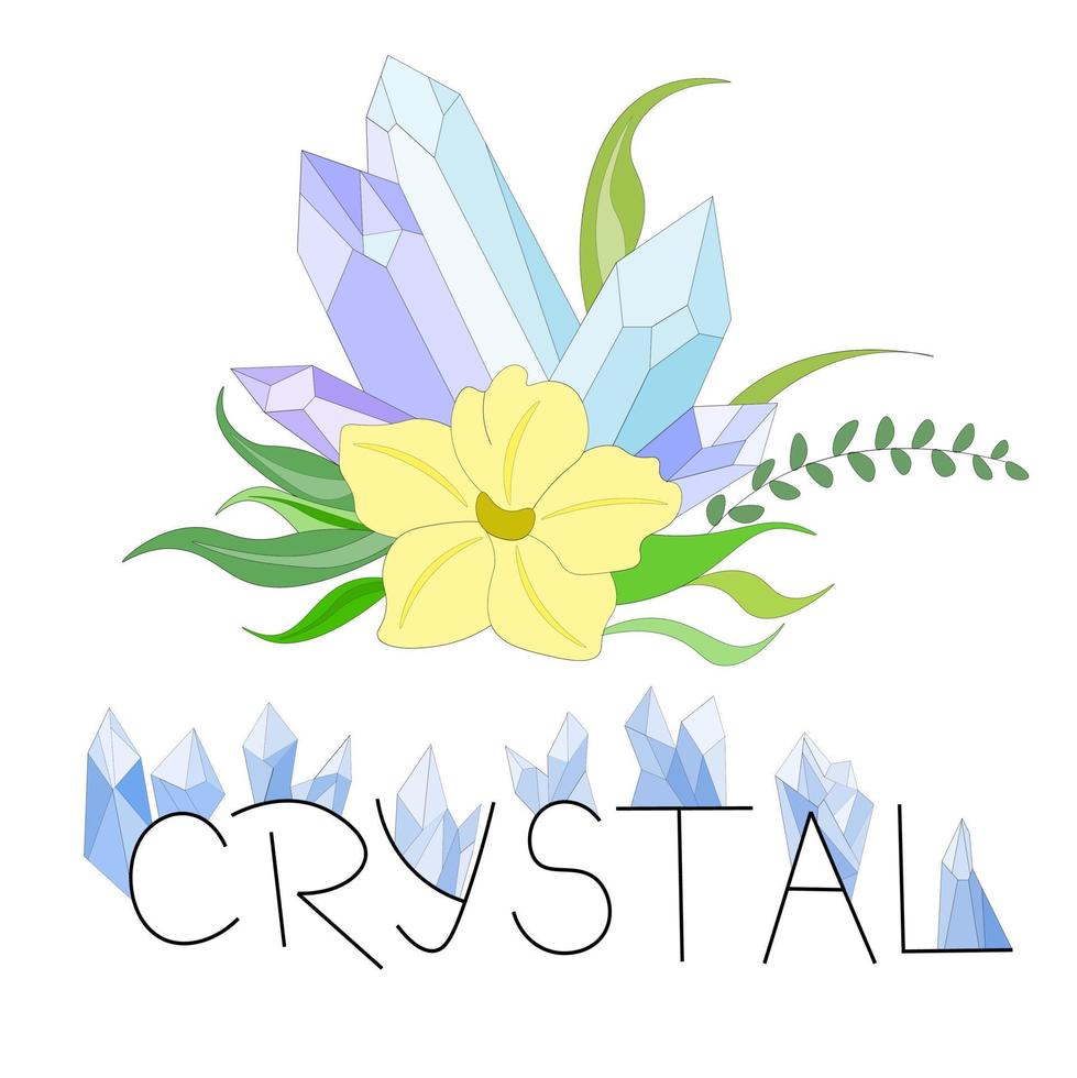 conjunto de elementos hechos de cristales mágicos azules con flor amarilla y follaje, así como inscripción negra con gemas azules. adecuado para postales, logotipos. tema de cuento de hadas mágico. elementos mágicos vector