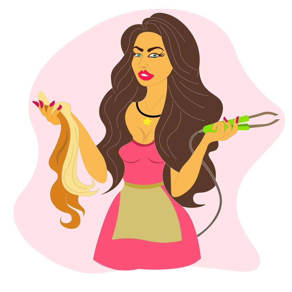 estilista, peluquería sostiene hebra para extensiones de cabello, alargamiento de cabello. mujer con herramientas de peluquería. estilista de profesión. Se puede utilizar para sitios web de belleza, blogs de peluqueros, coloristas. vector