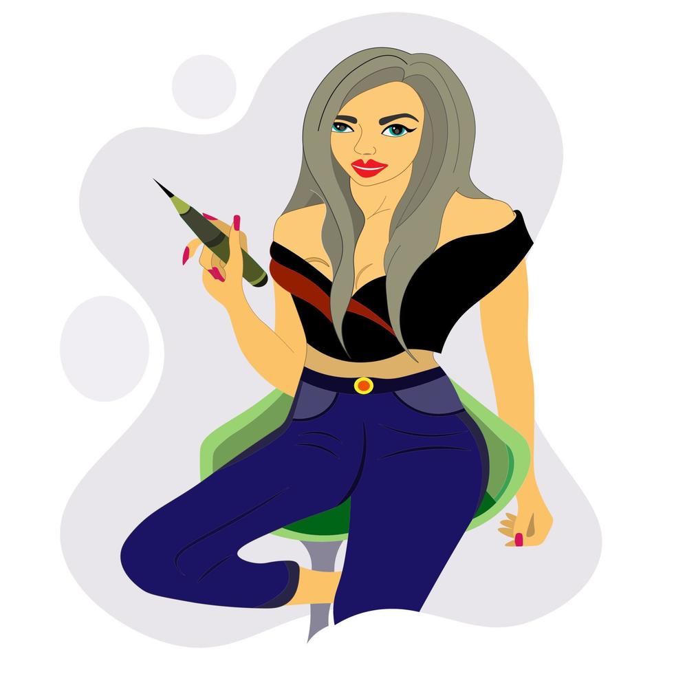 beautiful tattoo artist girl is sitting on chair and holding tattoo machine in her hands.  An employee of beauty salon. Suitable for logo, blogger, website. vector