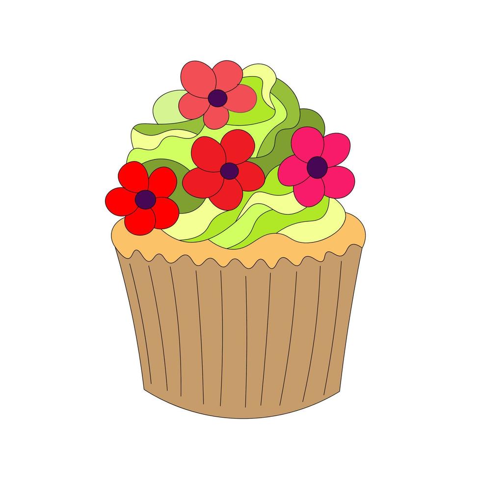 Chocolate biscuit cake in basket, on top of green cream of whipped cream, decorated with red flowers. Beautiful and sweet dessert. Vector. vector