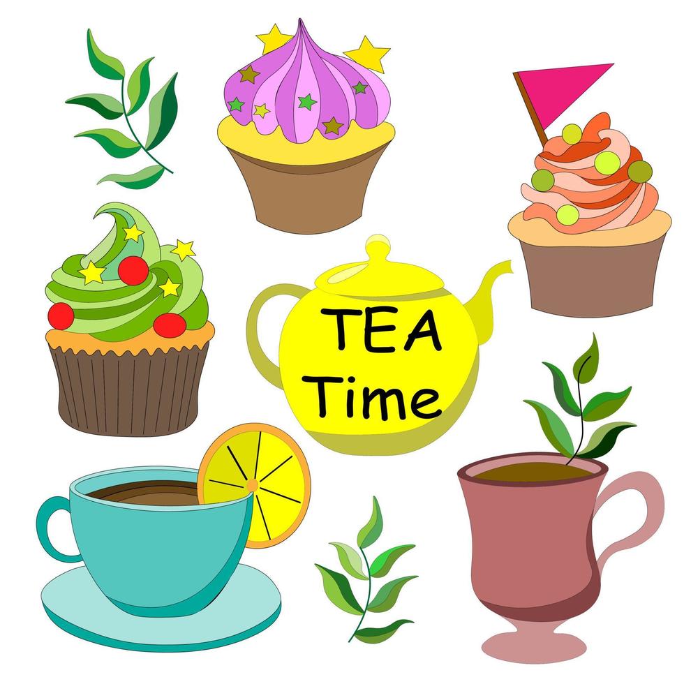 It's time to drink tea. Delicious colorful cupcakes with buttercream and decorations, cup of tea, coffee with yellow kettle. Have nice cup of tea. Vector illustration
